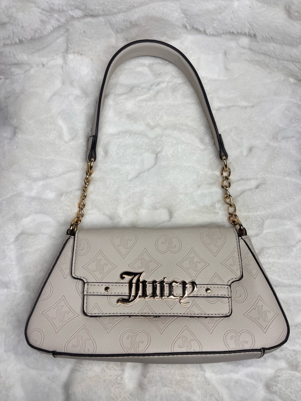 Juicy Couture Cream Embossed Logo Shoulder Bag with Gold Chain